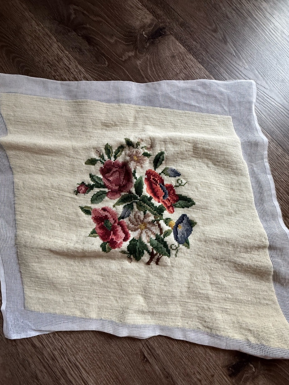 Hand-Embroidered Stitched Needlepoint Floral Wall Art in Pink and Green NEW